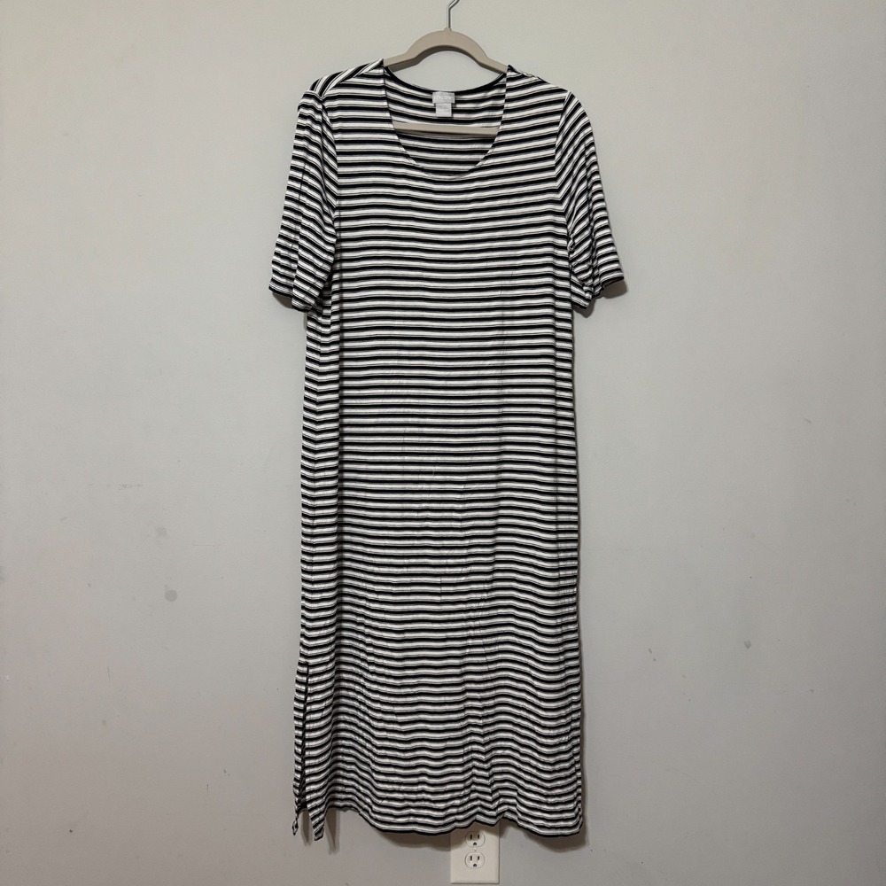 Chicos  Round Neck Black And White Striped Swing Dress Size 2 Large 12/14